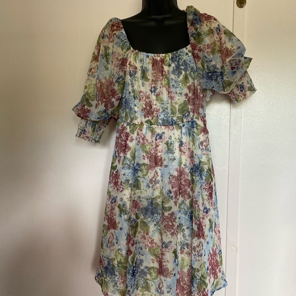 Cato Pink and Blue Puff Sleeve Midi Sundress